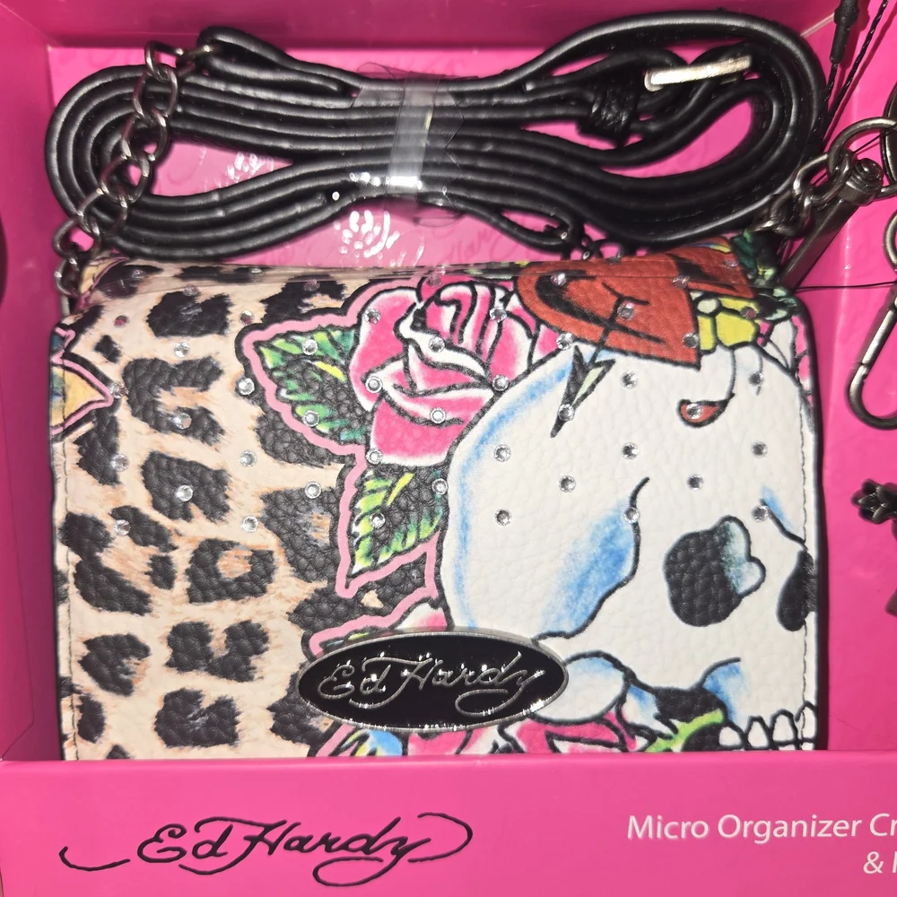 Ed Hardy Skull Leopard Rose Micro Organizer Crossbody & Key Ring Set